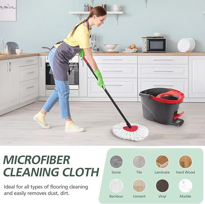 4 Pack Spin Mop Refill Replacement Head Compatible with EasyWring Spinning Mop, with 1 Swivel Mop Base, 100% Microfiber Deep Cleaning Machine Washable - White (1-Tank System)