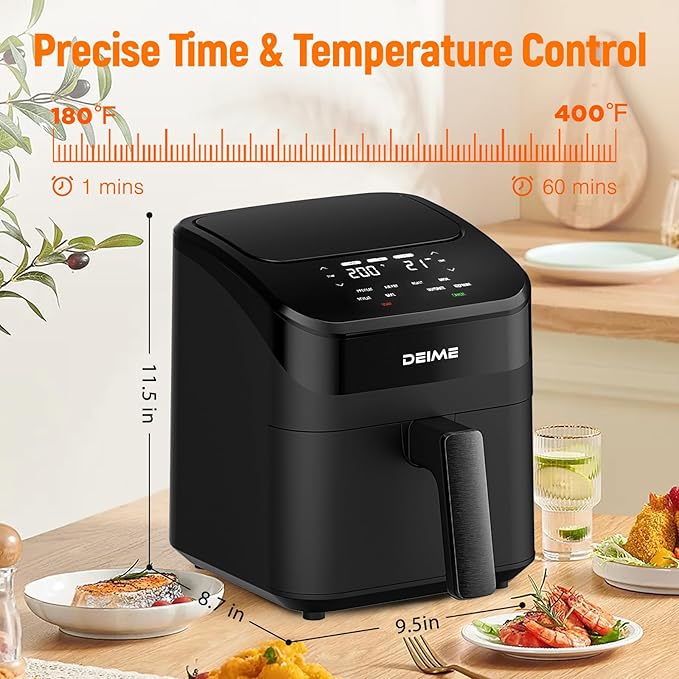 DEIME Air Fryer 4.5 Qt, Small Airfryer Digital Space Saving Compact, Bake, Reheat, Roasts for Quick Easy Meals, Mini Compact & Quiet, Nonstick & Dishwasher Safe Basket with Toast Rack (Black)
