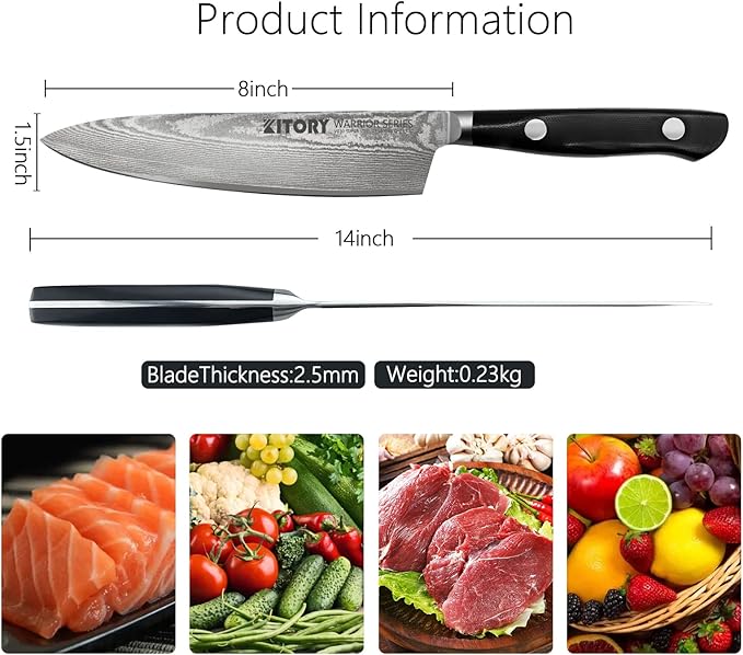 Damascus Chef Knife 8" - VG10 Super HC Steel, 67 Layers, Military G10 Handle, Ergonomic Design for Precision Cuts