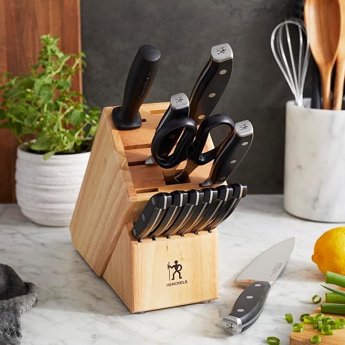 HENCKELS Forged Premio 13-Pc Knife Block set, Chef Knife, Paring Knife, Utility Knife, Light Brown, Stainless Steel