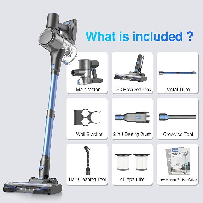 Zefiro Cordless Vacuum Cleaner for Home,450W /40Kpa Stick Vacuum with 50Mins Working Time, Anti-Tangle 1.5L Dust Cup, Rechargeable Wireless Handheld Vacuum for Pet Hair/Carpet/Floor,C10 (Gray)