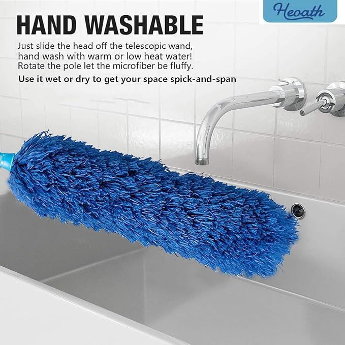 Microfiber Feather Duster with Extendable Pole, 100 inches Extra Long Cobweb Duster for Cleaning, Bendable Head, Non-Scratch, Washable Duster for Ceiling, Fan, Furniture Blue
