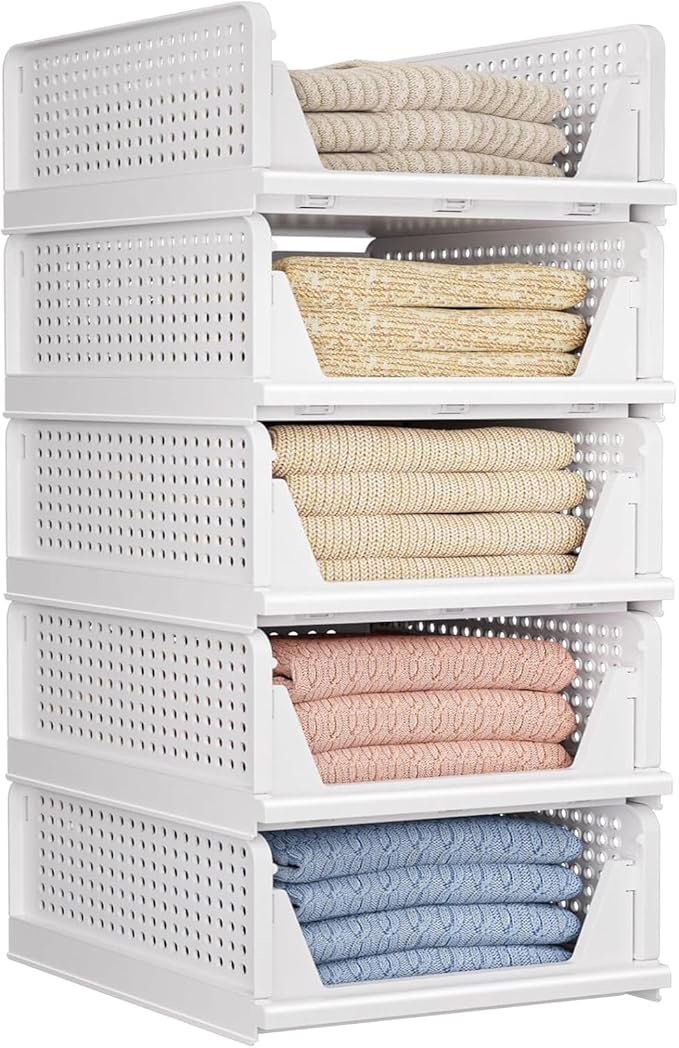 5 Pack Folding Closet Organizers Storage Box, Stackable Storage Bins, Plastic Drawer Basket Closet Storage for Wardrobe Cupboard Kitchen Bathroom Office 5L (White)
