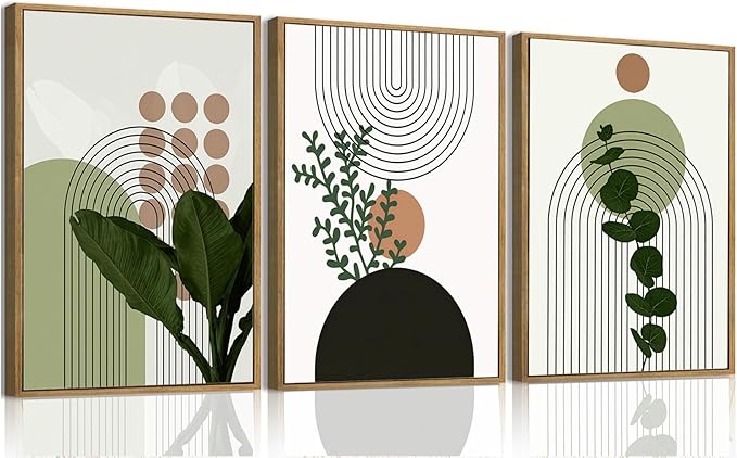Bwodke Boho Wall Art, Framed Abstract Wall Art, Plant Canvas Wall Decor, Mid Century Line Leaf Geometric Pictures Set of 3, Minimalist Paintings, for Bedroom Living Room Bathroom 16"x24"