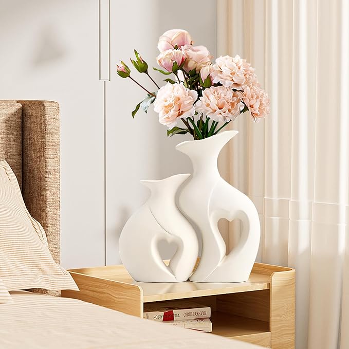 XL Pearl White Vases for Decor,Nordic Heart Shaped Ceramic Vase Set of 2,Modern Vase for Table Centerpiece Dining Living Room Office Coffee Table Wedding House Decoration