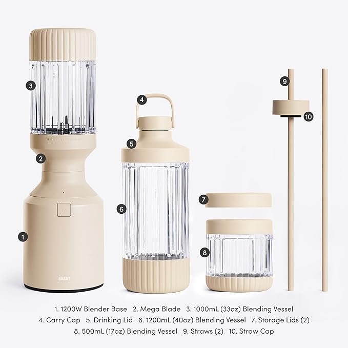 Beast Mega 1200 Plus | Premium Countertop Blender | Smoothies, Shakes, Sauces, Dips, Soups | Blends Ice and Frozen Fruit | XL Vessel | With Extra Vessels, Straw System | 1200W | (Sand, 120V)