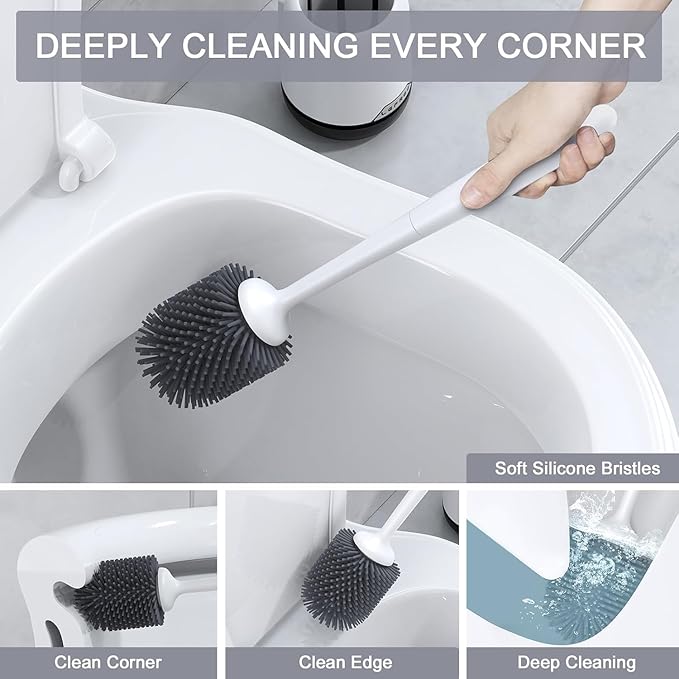 Lefree Toilet Brush Set with Ventilated Holder - 3 Packs, Silicone Toilet Bowl Brush - Floor Standing & Wall Mounted Scrubber