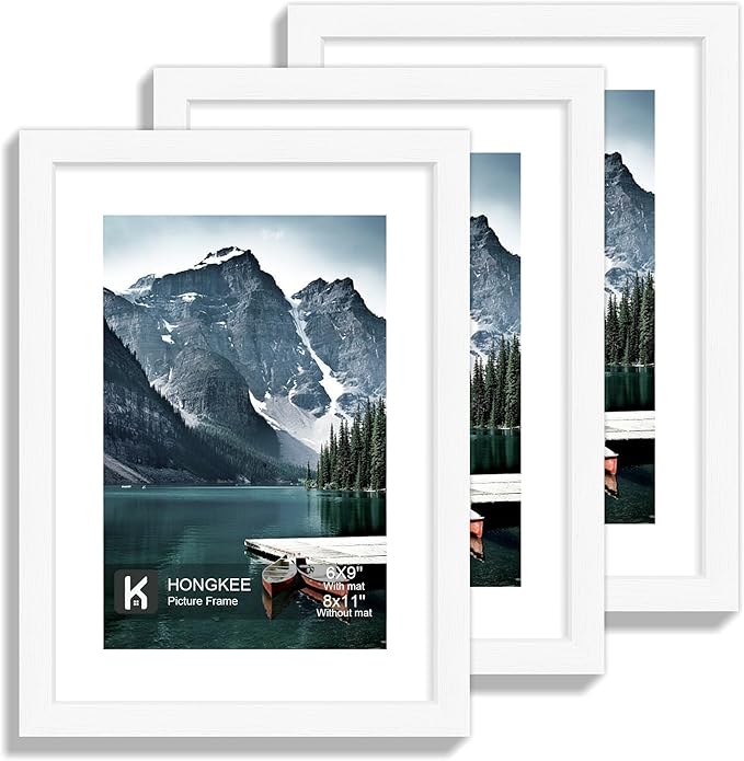 8x11 Picture Frame with Real Glass - Display Pictures 6x9 with Mat or 8 x 11 without Mat, Photo Frame for Wall or Table Top Display(White, 3 Pack)
