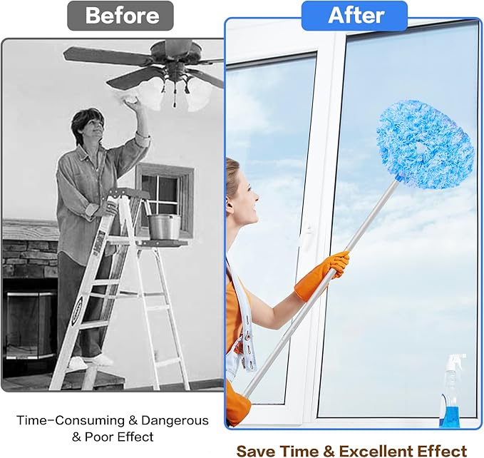 Ceiling Fan Cleaner Duster Reusable Microfiber Ceiling Fan Blade Cleaner Removable Duster with Extension Pole Adjusts 13 to 49.7 Inch for Cleaning Walls Furniture Door Window Top (Blue White)