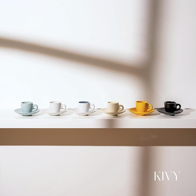 KIVY 3 oz Espresso cups set of 4 - Thick walled stoneware espresso cup set - Italian style cups and saucers - Demitasse cups set of 4 - Espresso mugs black - Coffee shot cups & saucers