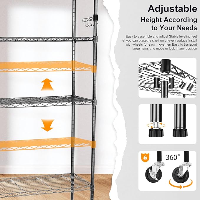 YNN Storage Shelves,2100Lbs 6 Tier Heavy Duty Metal Rolling Shelving Unit with Wheels & 8 Hooks, Adjustable Garage Wire Rack for Kitchen, Bathroom,Industrial,Pantry(36" W x 14" D x 72" H,Black)