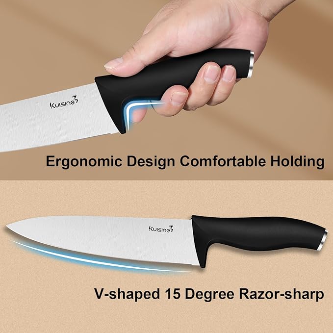 Kuisine Chef Knife Set,High Carbon Stainless Steel Ultra Sharp Blade Ergonomic Handle,Kitchen Knife Block Set with Built-in Sharpener, Elegant Gift for Holiday(Acacia,15PCS)