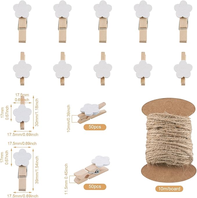 Pandahall 100pcs White Flower Clothespins Wooden Photo Paper Peg Graft Clips Pins with 10.93 Yards Natural Jute Twine for Paper Photo Display Hanging Home Party Decoration