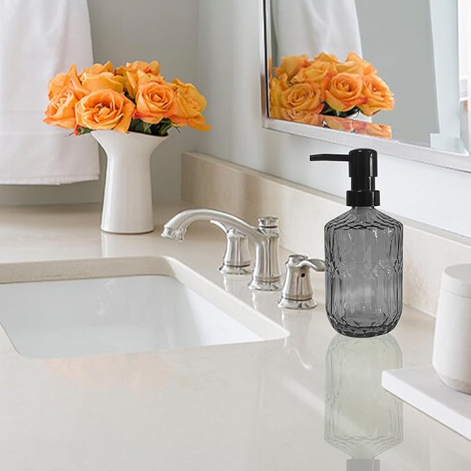 Grey Glass Soap Dispenser with Black Pump, 15oz Liquid Hand Dispenser, Refillable Lotion Dish Soap Dispenser for Modern Home Decor, Bathroom, Kitchen Countertop, Hotel