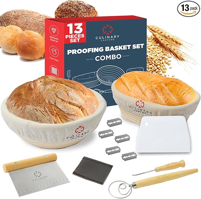 Bread Proofing Basket Set of 2 - Round 9" & Oval 8" Sourdough Bread Baking Supplies w/Linen Liner, Scrapers, Scoring Lame, Whisk, Blades Banneton Proofing Baskets - Sourdough Starter Kit for Beginners