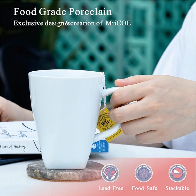 Miicol Porcelain Coffee Mugs Set of 6, Large Coffee Cups 14 oz, White Tea Cups, Ceramic Mugs for Latte, Cappuccino, Milk, Cocoa, Square Bottom, Microwave & Dishwasher Safe