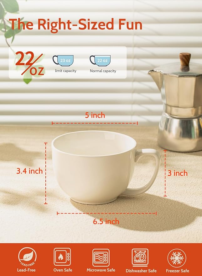 Sweese Porcelain 22oz Large Coffee Mugs Set of 4, Large Soup Mug with Handles Perfect for Coffee, Tea, Hot Chocolate, Microwave Safe, White