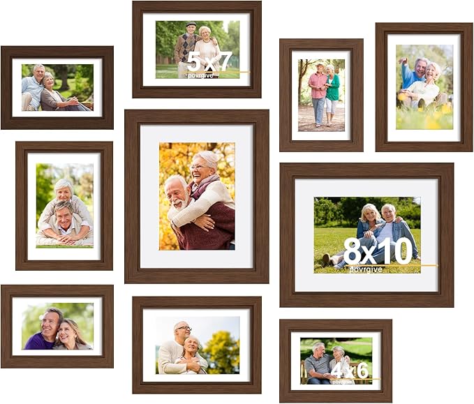 Picture Frames Set of 10, Collage Picture Frames for 8x10, 5x7, 4x6 Photos Real Glass for Wall or Tabletop
