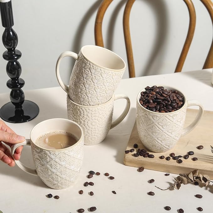 Coffee Mug Set of 4-16 oz Large Ceramic Mugs, Porcelain Embossed Coffee Cups for Cocoa, Tea, Milk, Mocha, Cappuccino - Housewarming Wedding Decoration, Dishwasher Safe, 3.5 x 4.5 inch