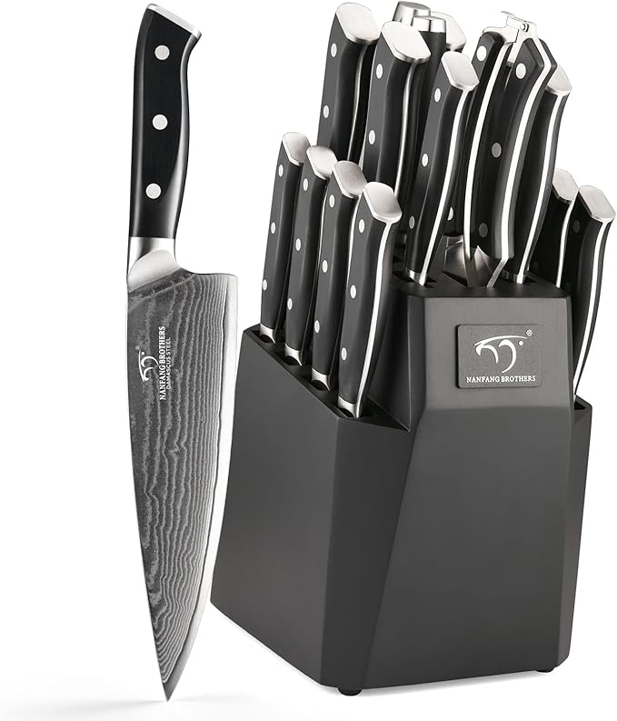 NANFANG BROTHERS Damascus Kitchen Knife Set, 18-Piece with Block, Ergonomic Handles, Carving Fork, Sharpener, Shears