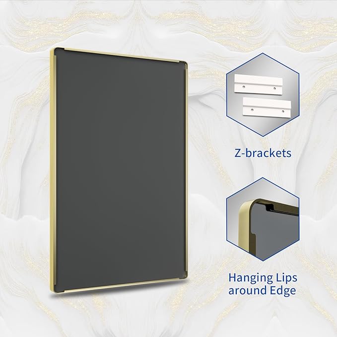 WEER Gold Bathroom Mirror, 36X30 Inch Brushed Gold Metal Frame Mirror, Rounded Rectangle Gold Bathroom Vanity Mirror for Wall, Tempered Glass, Anti-Rust, Hangs Horizontally or Vertically