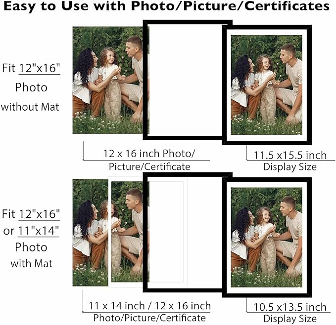 12 Pack 12x16 Picture Frame with 11x14 Mat, Display 11x14 with Mat or 12x16 Without Mat, 12 by 16 Frames Bulk Set of 12 Collage Gallery Wall Decor Photo Frames Set for Wall, Black