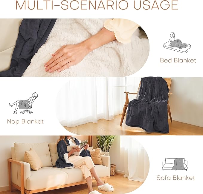Electric Heated Blanket Full Size 72"x84" - Flannel & Sherpa Fabric Dual-Sided, 6 Heat Settings & 1-10 Hours Auto Off, Soft & Cozy Warming Throw for Home, Office, or Bed, Machine Washable, Iron Gray