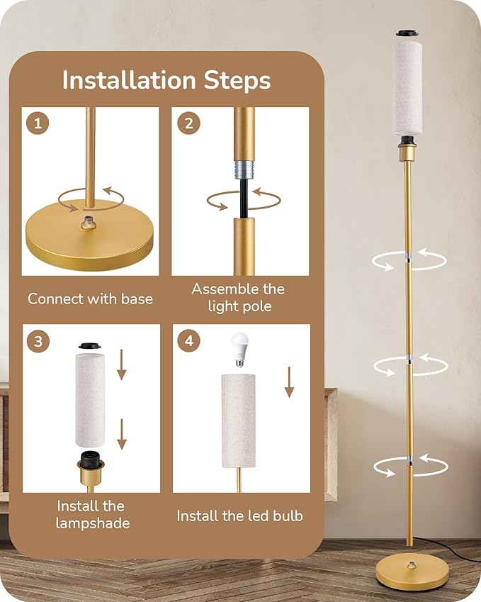 EDISHINE Floor Lamps for Living Room, 63.7in Minimalist Standing Lamp with Foot Pedal Switch, Modern Floor Lamp for Bedroom, Office, Nursery, 3 Color Temperature, 9W Bulb Included, Gold