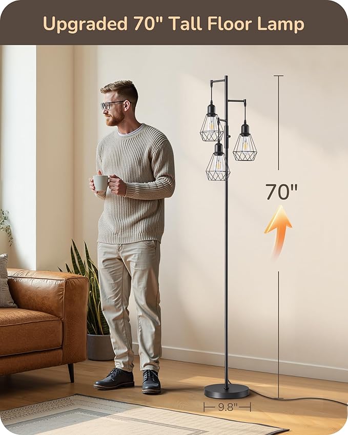EDISHINE 70IN Farmhouse Floor Lamps for Living Room, Dimmable Industrial Tall Standing Lamps 3 LED Edison Bulbs Included, Diamond-Shaped Cage, Rustic Tree Corner Light for Bedroom, Office, Black