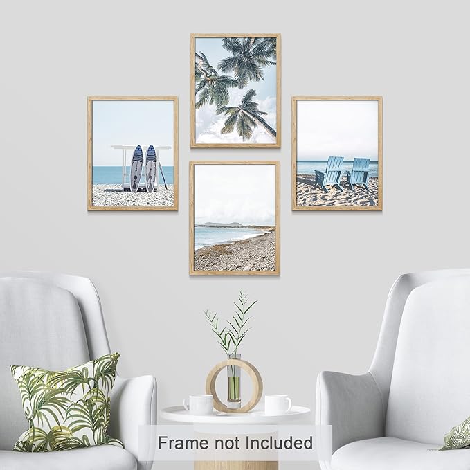 SIGNWIN Poster Bathroom Decor 11"x14"x 4, Wall Art Room Decor Multicolor for Living Room, Bedroom, Office White Surfboard Tropical Palm Tree Beach Shore Nature Wilderness Realism Landscape Colorful