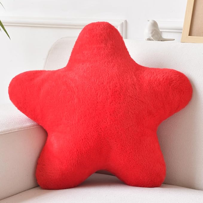 Xiashrk Star Pillow, Decorative Throw Pillows for Bed Couch, 15" Star Shaped Pillow Plush Floor Cushions Room Decor Pillow with Faux Rabbit Fur for Sofa Bedroom Living Room (Red, 19.6" x 19.6")