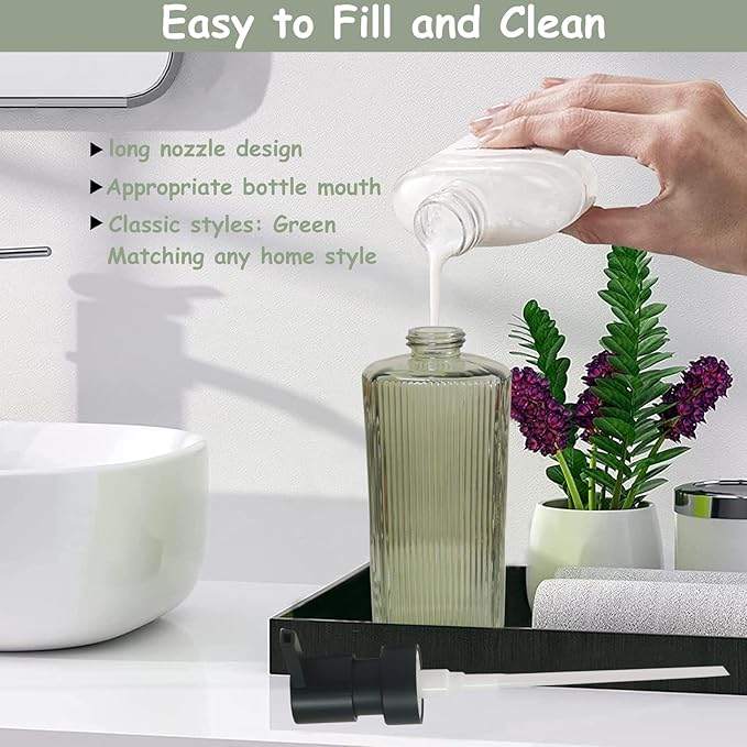 Green Glass Soap Dispenser with Black Pump, 12oz Refillable Liquid Hand Dispenser, Lotion Dish Soap Dispenser for Modern Home Decor, Bathroom, Kitchen Countertop, Hotel