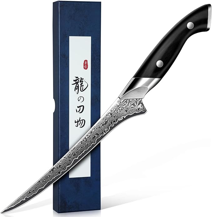 DRAGON RIOT Japanese Fillet Knife, 7 inch Meat Boning Knife with VG10 Steel Core, Damascus Pattern, Flexible Blade, Ergonomic Handle, Fishing Gift for Men