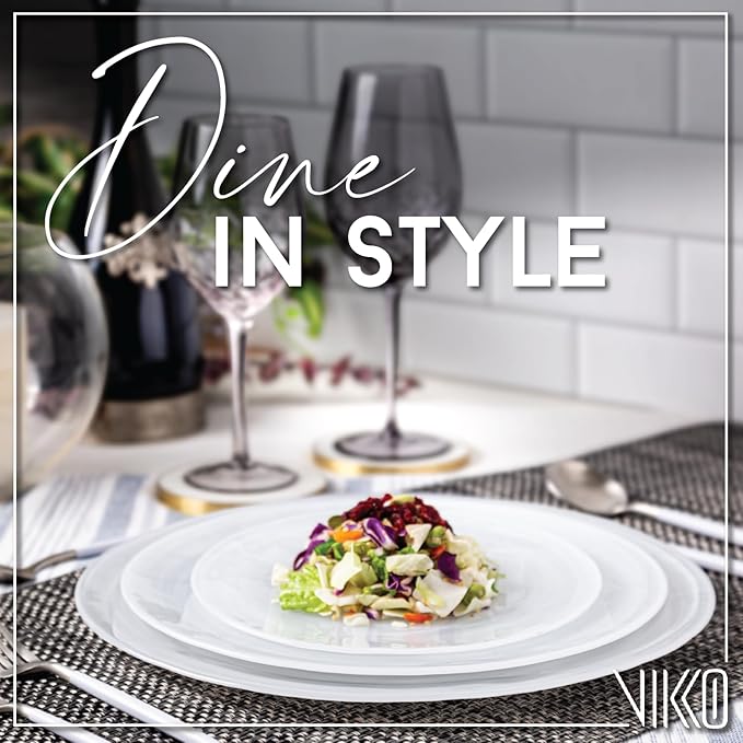 Vikko Lunch Plates, Set of 6 White Alabaster Plates, 8.5" Plate with Marbelized, Swirl Design, Elegant Glass Entree Plate, Dishwasher Safe