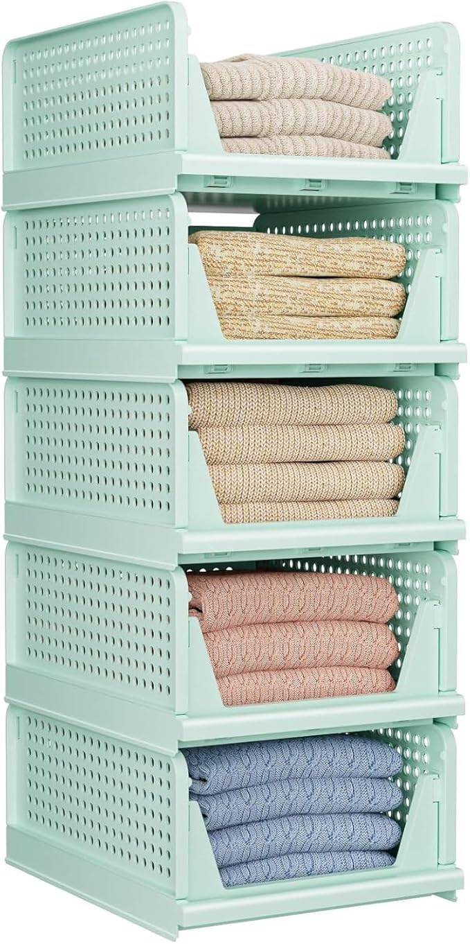 5 Pack Folding Closet Organizers Storage Box, Stackable Storage Bins, Plastic Drawer Basket Closet Storage for Wardrobe Cupboard Kitchen Bathroom Office 5L (Green)