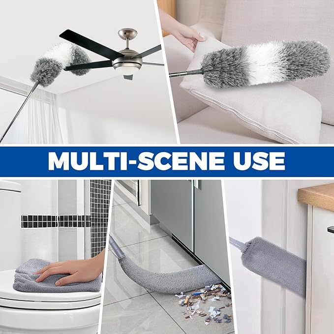 4 Pcs Dusters for Cleaning, 2 in 1 Microfiber Dusters and Retractable Gap Dust Cleaner with 1 Microfiber Dusting Cloths Long Handle 30-100 Inches Extension Pole for Ceiling Fan Cleaning Supplies