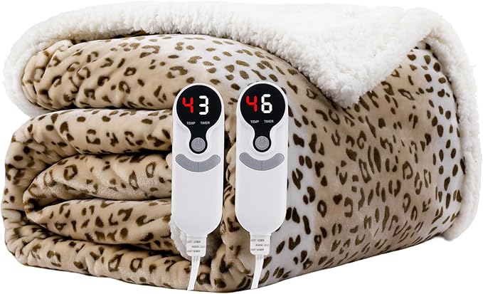 Electric Heated Blanket King Size 90"x100" - Microplush & Sherpa Fabric Dual-Sided, 6 Heat Settings & 10 Hours Auto Off, Cozy Warming Throw for Office or Bed, Machine Washable, Beige Leopard Print