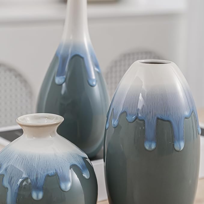 Ceramic Vase Set of 3, Farmhouse Decor, Home Decorative Vases for Kitchen, Bedroom, Office, Living Room, Bathroom, Shelf Centerpiece Table, Terracotta Pottery Vases Set Gift Blue