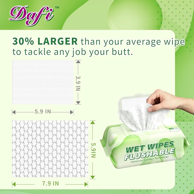 DAFI Flushable Wipes for Adult Wet Wipes, Total 480 Unscented Toilet Wipes Flushable, No Alcohol & 100% Plant Based Fibers, Septic and Sewer Safe Pack of 6