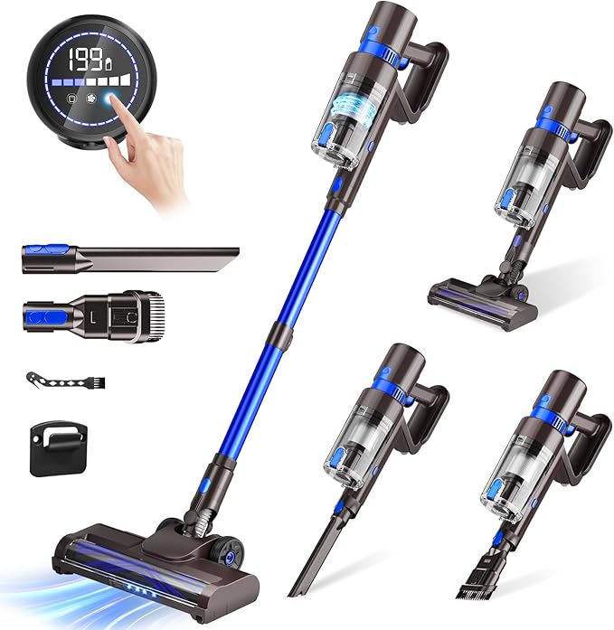 Cordless Vacuum Cleaner, 550W 45KPA 50Min Vacuum Cleaners for Home, Self-Standing Stick Vacuum with Touch Screen, 3 Power Modes, Rechargeable Battery, Handheld Vacuum for Pet Hair/Carpet/Floor