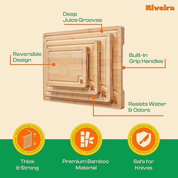 Riveira White Bamboo Wood Cutting Board – Versatile And Durable: Set Of 4 Pcs Rectangular Wooden Cutting Board – Natural Wooden Cutting Boards For Kitchen – Complete White Bamboo Wooden Chopping Board