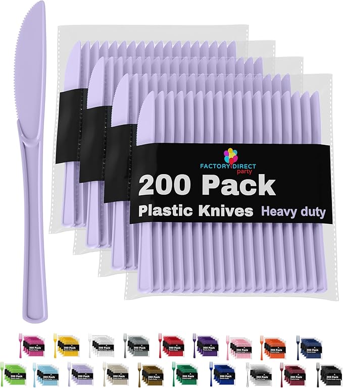 Party Solids Lavender Plastic Knives 200 Pieces Disposable Utensils Heavy Duty Cutlery Set Flatware Silverware for Party Supplies & Tableware