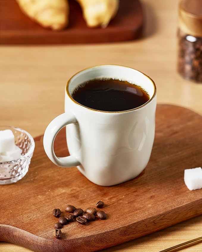 famiware Coffee Mugs Set of 4, Ocean Square 13oz Coffee Cup Set with Handle for Cocoa, Milk, Hot Chocolate, Tea, Water, Stoneware Cups for Kitchen, Microwave and Dishwasher Safe, Vanilla White