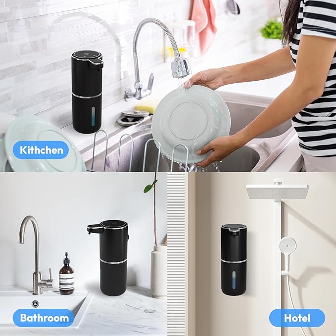 Automatic Foaming Soap Dispenser,Touchless Foam Soap Dispenser,12.8oz Rechargeabled Wall Mounted Smart for Bathroom and Kitchen Dish Soap,Easy for Toddlers(Black)