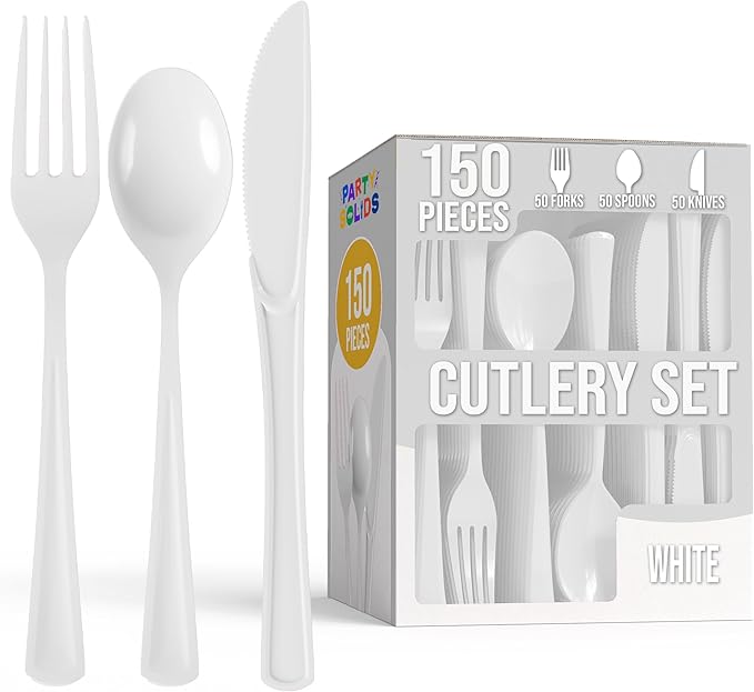 Party Solids White Plastic Silverware Heavy Duty 150 Pieces White Plastic Cutlery Sets, Utensil Sets, 50 Of Each Forks, Knives & Spoons Disposable Cutlery Set, Flatware Set For Party Supplies