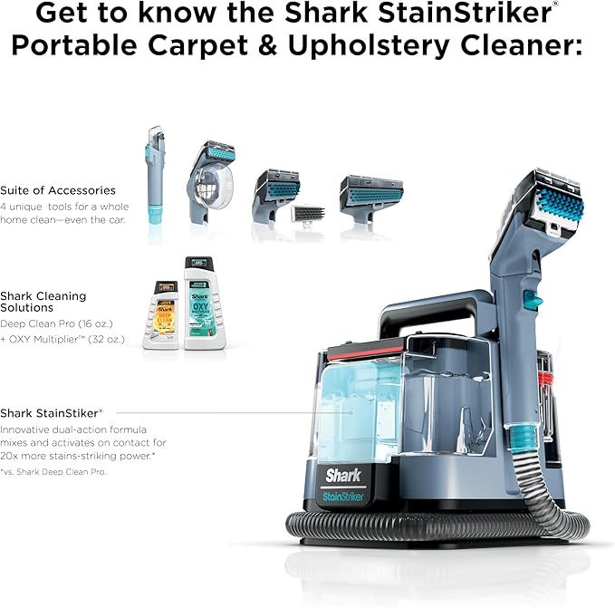 Shark StainStriker Portable Carpet Upholstery & Area Rug Cleaner, Bonus XL Tool & Full-Size Cleaning Solution, Stain & Odor Remover, Perfect for Car Interiors, 4 Cleaning Tools, Nordic Blue, PX202BRN