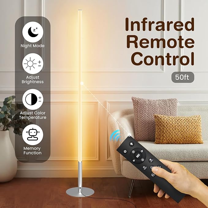 LED Corner Floor Lamp for Living Room, Minimalist Light with Remote Control, Stepless Adjustable 2700k-6500k Colors & Brightness, Modern Reading Bright Light, 58" Standing Lamp for Bedroom Home Office