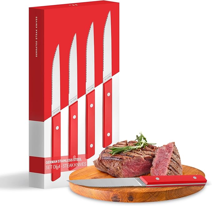 Misen Steak Knives Set of 4 - Precision Serrated Blades for Effortless Dining - German Stainless Steel - Superior Cuts with Four Steak Knives - Comfortable, Sleek Handles - Red