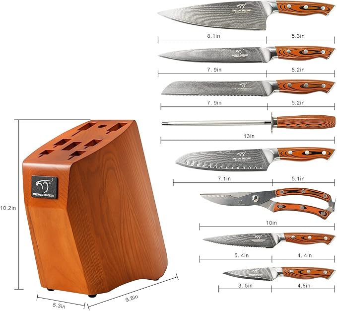 Damascus Kitchen Knife Set, 9-Piece Knives Set for Kitchen with Block, Non-slip G10 Ergonomic Triple Rivet Handle for Chef Knives, Knife Sharpener and Kitchen Shears, Natural Wood Block (Red)