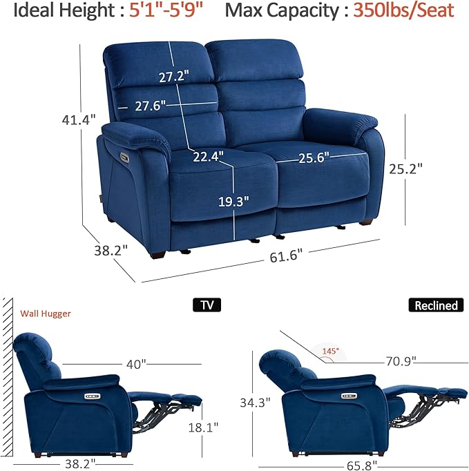 MCombo Zero Wall Recliner Loveseat, Power Recliner Loveseat with Adjustable Headrest, USB A & C Charge Ports, Wood Legs, for Living Room, RVs, Small Spaces (Fabric, ST258M1, Navy Blue)